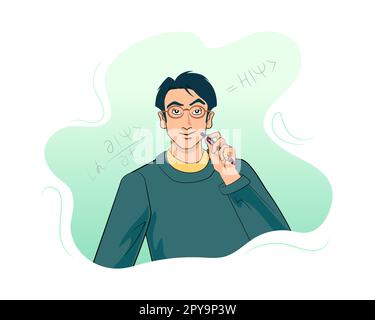 Junger erwachsener, fröhlicher asiatischer Student mit Druckbleistift in der Hand, Augenbraue angehoben. Quantenphysik-Gleichung. Männliche Figur in dunkelblauem Pullover. Stock Vektor