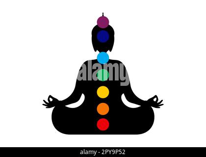 Sitzende Buddha-Silhouette in Meditation mit Chakren. Sieben Chakras, Energiekörper und Yogi meditieren in Lotusposition. Vektordarstellung Isolat Stock Vektor