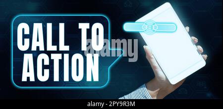 Konzeptionelle Darstellung der Handlungsaufforderung. Ein Wort zum Thema „ermutigen Sie zu einer Entscheidung, um eine erfolgreiche Strategie voranzubringen“ Stockfoto