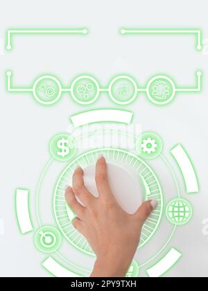 Die Hand dreht den Schalter um und zeigt neue futuristische Technologien. Kreative Ideen Und Wichtige Konzepte. Digitales Design mit leuchtenden Farben. Stockfoto