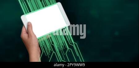 Eine Hand hält Ein Mobiltelefon und zeigt Grafik mit Digital in futuristischem Design. Eine Person, die wichtige Informationen und Nachrichten erhält. Stockfoto