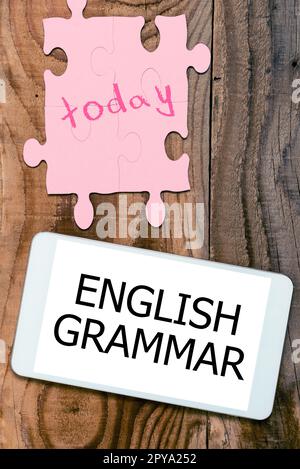 Handschriftliches Schild englische Grammatik. Business Showcase-Kurse decken alle Ebenen der englischen Sprache und des Schreibens ab Stockfoto