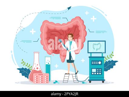 Proktologe oder Koloskopie Illustration mit einem Arzt untersucht den Dickdarm und schädliche Bakterien in Cartoon Hand Drawn for Landing Page Templates Stockfoto