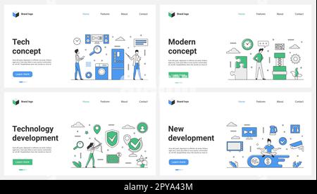 Entwicklung einer neuen modernen Technologie-Set-Vektordarstellung. Cartoon Tiny nutzt digitale Technologielösungen für intelligente Haushaltsgeräte, Online-Sicherheit und Büroarbeit und schützt Daten mit Shield Stock Vektor