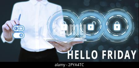 Handschriftlicher Text Hallo Freitag. Das Wort steht auf den Grußworten am Freitag, weil die Arbeitswoche zu Ende ist Stockfoto