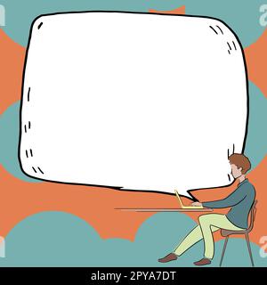 Mann sitzt am Tisch mit Laptop. Große weiße Sprechblase für Text-Overhead. Leeres Dialogfeld auf hellem farbigem Hintergrund. Stockfoto