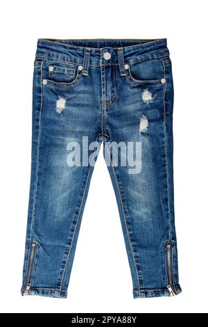 Mädchenjeans isoliert. Elegante, trendige, modische Jeans für Damen, isoliert auf weißem Hintergrund. Beschneidungspfad. Modische Denimhose für Kinder. Stockfoto