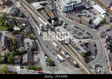 Luftaufnahme des Bahnhofs Macclesfield, Cheshire Stockfoto