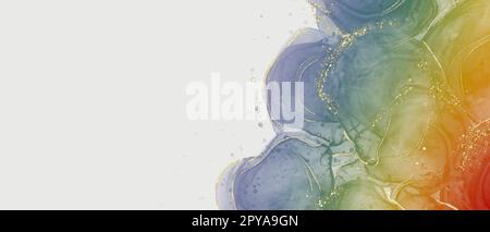 Alkoholtinte Kunst abstraktes Hintergrundbanner. Goldener Glitzer auf schillernden Kreisen im Seifenblasen-Stil. Horizontale Vorlage mit Platz für Text auf Grau b Stockfoto