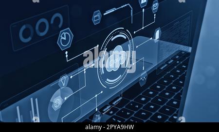 Laptop-Computer mit futuristischer Grafikschnittstelle, Konzept des Cloud-Computing, Unternehmen, Finanzoperationen, Börse, Unternehmensmanagement Stockfoto