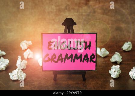 Inspiration mit Zeichen für englische Grammatik. Die Kurse zur Konzeptbedeutung decken alle Ebenen der englischen Sprache und des Schreibens ab Stockfoto