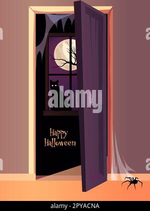 Halloween-Poster, schwarze Katze sitzt am Fenster Stock Vektor