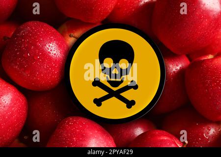 Schädelknochen und Kreuz-Kreuz-Zeichen auf frischen Äpfeln, Nahaufnahme. Vorsicht - giftig Stockfoto