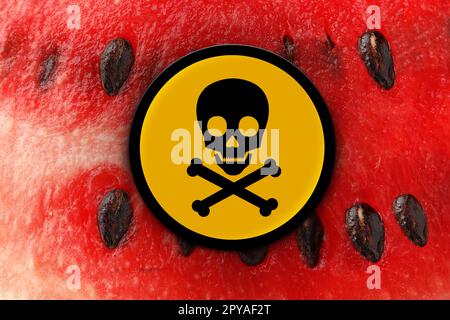 Schädelknochen und Kreuz-Zeichen auf reifer Wassermelone, Nahaufnahme. Vorsicht - giftig Stockfoto