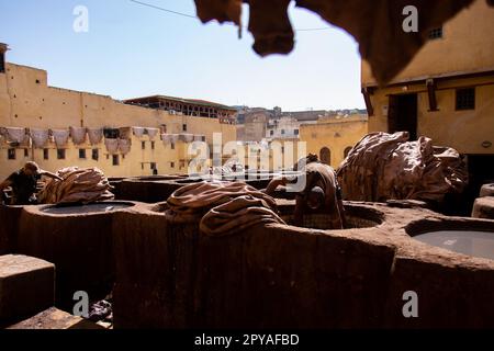 Fez, Marokko 2022: Einzigartiger Blick auf die alte und berühmte Chouara-Gerberei in der Medina, mit Farbe für Leder, mit Männern, die in den Wassertanks arbeiten Stockfoto