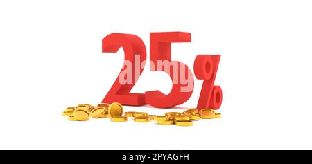 3D-Rendering. 25 % Rabatt mit Goldmünze und weißem Hintergrund. Sonderangebot 25 % Rabatt Tag. Sonderangebot. Stockfoto