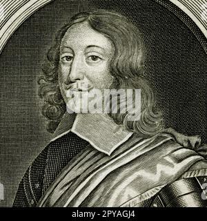 Nathaniel Fiennes (1608-1669), Mitglied des englischen Parlaments für Banbury in Oxfordshire und Puritaner, der im Englischen Bürgerkrieg für das Parlament gekämpft hat. 1643 wurde er zum Tode verurteilt, weil er Bristol dem Neffen des Königs, Prinz Rupert, übergeben hatte, aber von Oliver Cromwell und anderen Parlamentsgenerälen entlastet. Quadratische Gravur in den 1700er Jahren des flämischen Gravierers Michael van der Gucht (1660-1725). Stockfoto