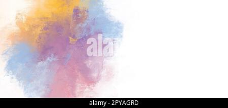 Abstrakter Kunsthintergrund bei Ölmalerei. Horizontales Banner mit bunten Pinselstrichen in Frühlingsfarben. Vorlage mit Platz für Text. Leinentextur Stockfoto