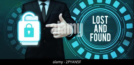 Textunterschrift mit dem Titel Lost and Found. Business Approach Ort, an dem Sie vergessene Dinge finden können Suchdienst Stockfoto