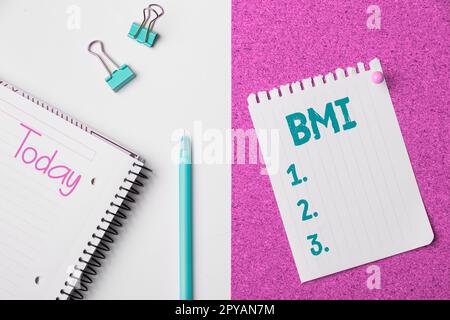 Text mit Inspirations-BMI. Geschäftsüberblick Methode zur Schätzung des Körperfettgehalts nach Gewicht und Körpergröße Stockfoto