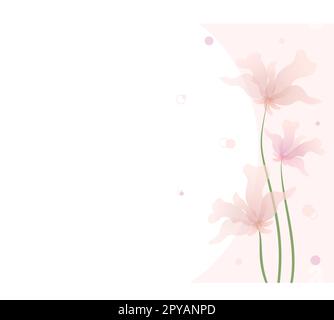Postkartenhintergrund mit pinkfarbenen, durchsichtigen, zarten Blumen auf einem Stamm und Pollen. Rosafarbener und weißer Hintergrund. Vektor. EPS10. Stock Vektor