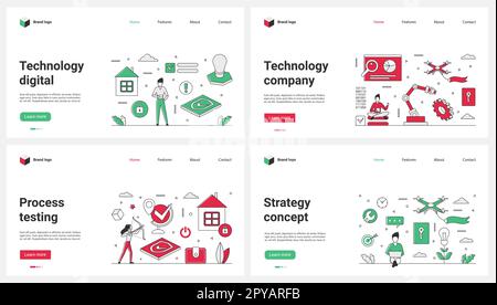 Digitale Technologie, Tests, Strategie und unternehmensinterne Arbeitsprozesse bilden die Vektordarstellung. Cartoon Tiny Menschen entwickeln die Automatisierung von Maschinensystemen, Ingenieure arbeiten mit Roboterarm und -Programm Stock Vektor