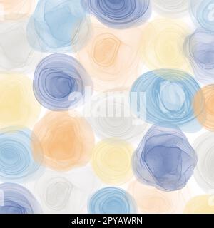 Natürlicher und farbenfroher abstrakter Hintergrund der alkoholischen Tinte Kunst, gelbe, orangefarbene und blaue Punkte, Wirbel, Quadrate, weißer Hintergrund Stockfoto