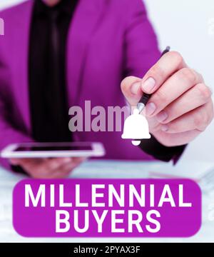 Schreiben mit Text Millennial Buyers. Internetkonzept Art der Verbraucher, die an Trendprodukten interessiert sind Stockfoto