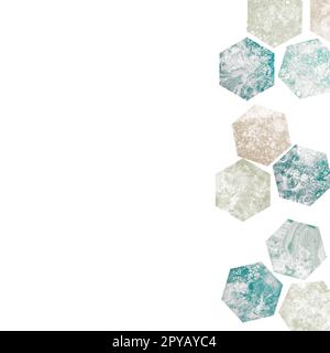 Abstraktes quadratisches Banner aus Acryl Fluid Art. Grüne und braune Steine und marmorstrukturierte Sechsecke auf weißem Hintergrund Stockfoto