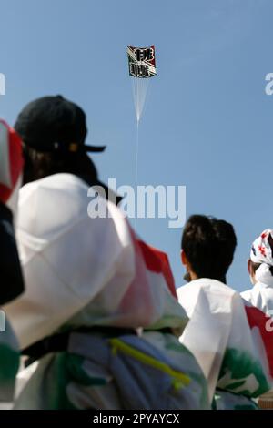 Saitama, Japan. 3. Mai 2023, Saitama, Japan: Teilnehmer fliegen während des Riesendrachen-Festivals in Kasukabe City einen riesigen Drachen. Die Teilnehmer flogen enorme Drachen inÂ Gebet für eine reichhaltige Ernte aus ihrer Seidenraupenzucht. Die beiden größten Riesendrachen wiegen 800 kg (das gleiche Gewicht wie ein kleines Auto) und sind 11 Meter breit und 15 Meter hoch. Die Feier fand occurredÂ seit 1841 jährlich statt, außer während der COVID-19-Pandemie. Es begann, als ein buddhistischer Mönch die Einheimischen darüber informierte, dass ein Drachen geflogen wurde, um für eine reichliche Ernte von Seidenraupen zu beten. Stockfoto