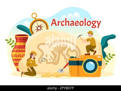 Archäologische Illustration mit archäologischen Ausgrabungen antiker Ruinen, Artefakte und Dinosaurierfossil in handgezeichneten Flat Cartoon-Vorlagen Stockfoto