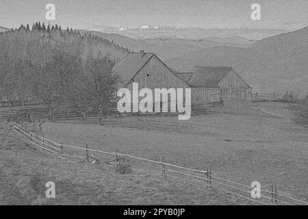 Ein verlassenes Haus in den Karpaten, das handgezeichnete Zeichnungen gravierte Stockfoto