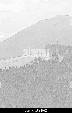 Dragobrat-Bergwälder gravieren handgezeichnete Zeichnungen Stockfoto