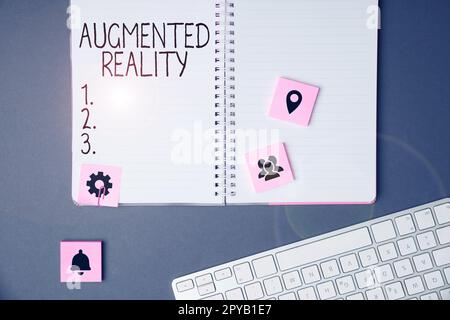 Schild mit Augmented Reality. Business Showcase-Technologie, die Computerbilder in der realen Welt aufzwingt Stockfoto
