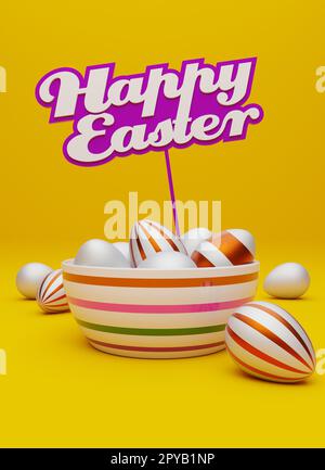 Viele Ostereier mit einem Schild und den Worten Happy Easter Stockfoto