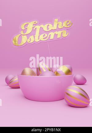 Viele rosa Ostereier mit goldenem Schild und deutschen Wörtern Happy Easter Stockfoto