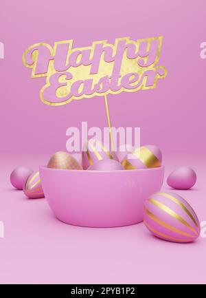 Viele rosa Ostereier mit goldenem Schild und den Worten Happy Easter Stockfoto