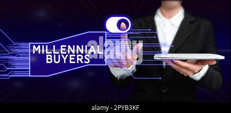 Schreiben mit Text Millennial Buyers. Geschäftsansatz Art der Verbraucher, die an Trendanalysen für Produkte interessiert sind Stockfoto