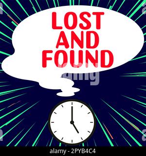 Textunterschrift mit „Verloren und gefunden“. Ort für Konzeptfotos, wo Sie den Suchdienst für vergessene Dinge finden können Stockfoto