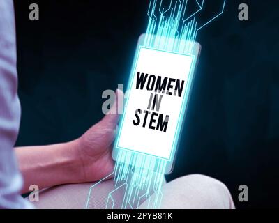 Schild mit Frauen im Stiel. Geschäftsansatz Wissenschaft Technik Technik Technik Mathematik Wissenschaft Stockfoto