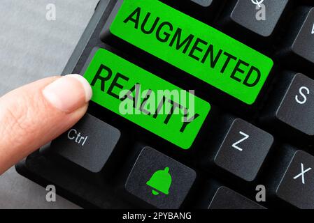 Schild mit Augmented Reality. Business Showcase-Technologie, die Computerbilder in der realen Welt aufzwingt Stockfoto