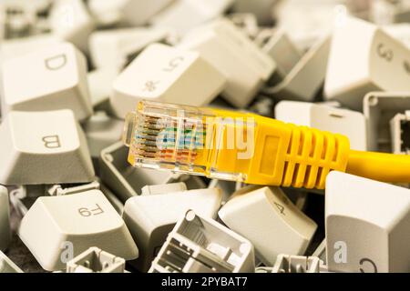 Nahansicht des Internetkabels RJ45 und der Tastaturtasten Stockfoto