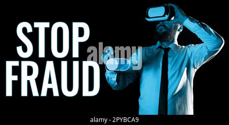 Inspiration mit Schild „Betrug stoppen“. Die Kampagne „Business Overview“ rät den Leuten, auf ihre Geldtransaktionen zu achten Stockfoto