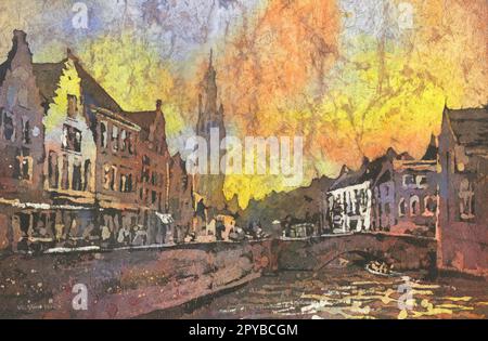 Brügge, Belgien Sonnenuntergang Malerei. Aquarell Belfried von Brügge erhebt sich über mittelalterlichen Gebäuden der Stadt. Die Skyline von Brügge ist ein Kunstwerk mit Wasserfarben Stockfoto