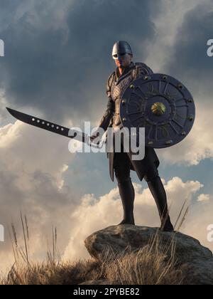 Hier steht ein männlicher menschlicher Kämpfer, der grundlegendste Charaktertyp im mittelalterlichen Rollenspiel. Er ist ein Krieger, der sich auf Handwaffen spezialisiert hat Stockfoto