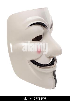 Moskau, Russland, 30. April 2023: Guy Fawkes anonyme Maske isoliert auf weißem Hintergrund Stockfoto