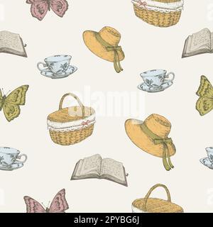 Elemente im Cottagecore-Stil mit nahtlosem Vektormuster. Handgezeichnete Bunte Vektorabbildungen Hintergrund. Freizeitangebote auf dem Land und Picknick Doodle Goods Stock Vektor