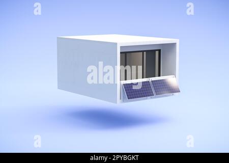 Balconette Power Plant in einer unscheinbaren Wohnung, die über einem nahtlosen blauen Hintergrund schwebt - 3D-Rendering Stockfoto