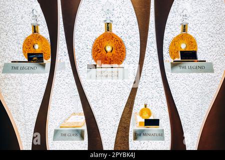 20 Januar 2023, Dubai, Vereinigte Arabische Emirate: Sehr teurer und luxuriöser Cognac Louis XIII im Flughafen Duty Free Stockfoto