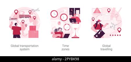 Abstract Concept Vector Illustration Set zur internationalen Geschäftskoordination. Globales Transportsystem, Zeitzone, globales Reisen, weltweite Logistik, Reisebüro, Abstrakte Metapher Jet lag. Stock Vektor